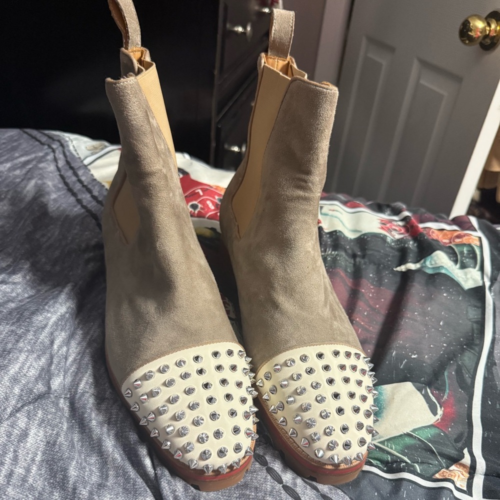 Christian Louboutin Studded Beige and Cream Ankle Boots